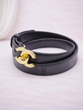Authentic Chanel CC Turnlock Black Leather Belt Gold Buckle Luxury